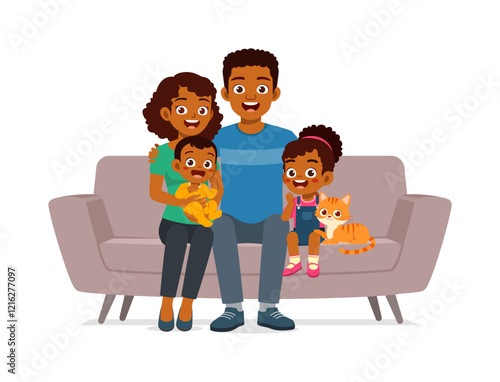 happy family sit on sofa for portrait photograph together