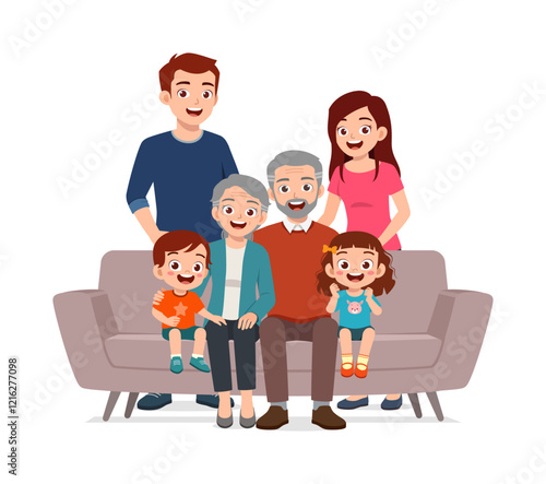 happy family sit on sofa for portrait photograph together