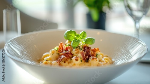 Creamy macaroni and cheese topped with crispy bacon and fresh basil. Perfect for restaurant menus, food blogs, or culinary websites showcasing gourmet comfort food. photo