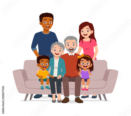 happy family sit on sofa for portrait photograph together