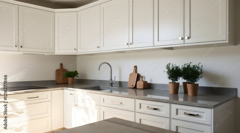 Fototapeta premium A modern kitchen featuring white cabinets, a sleek countertop, and potted herbs, creating a fresh and minimalist atmosphere.