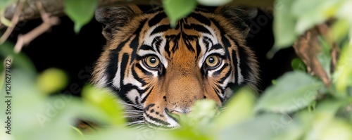 Majestic tiger concealed in jungle shadows, intense gaze, [wildlife mystery], [predator presence], photo