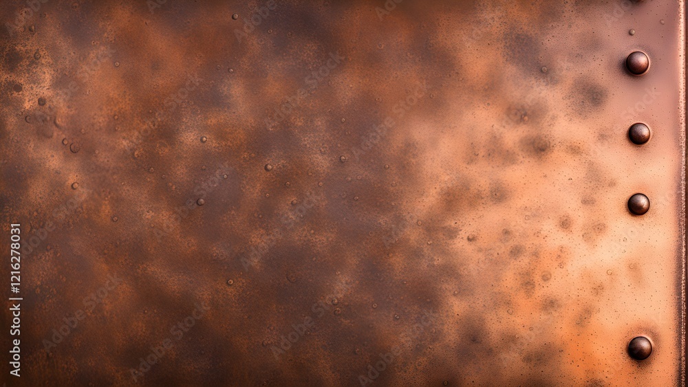 High-resolution texture of rustic copper metal plate with rivets.