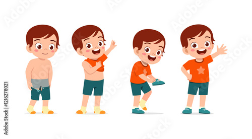 little kid do dressing process wearing clothes