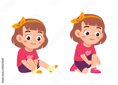 little kid do dressing process wearing shoes