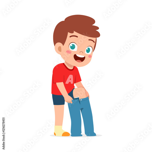 little kid do dressing process wearing jeans trouser