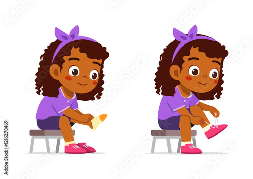 little kid do dressing process wearing shoes