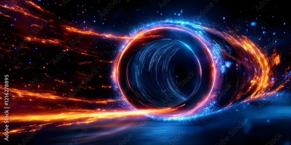 A digital representation of a swirling vortex or portal, surrounded by vibrant blue and orange energy effects in a cosmic setting. Concept Digital Art, Vortex Design, Cosmic Energy Effects A digital representation of a swirling vortex or portal, surrounded by vibrant blue and orange energy effects in a cosmic setting. Concept Digital Art, Vortex Design, Cosmic Energy Effects