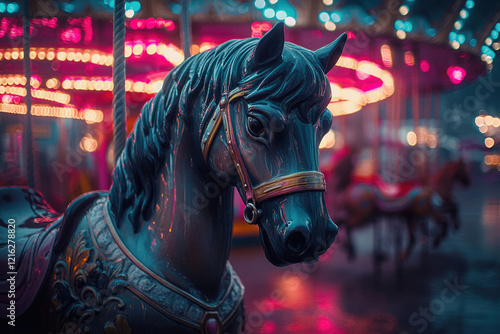 A dark horse carousel figure stands out against a vibrant, blurred background of a carnival's colorful lights. photo