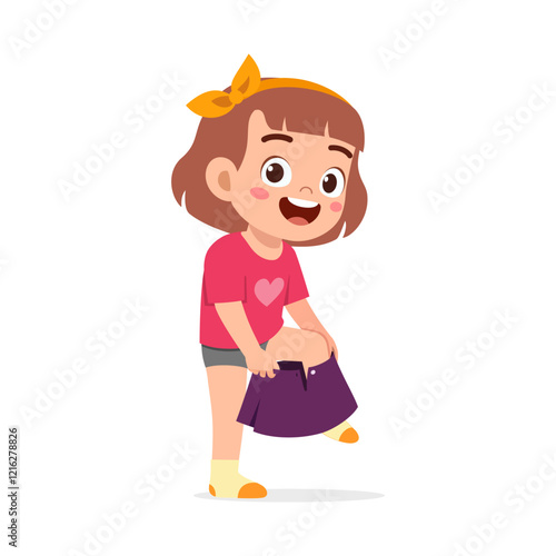 little kid do dressing process wearing skirt