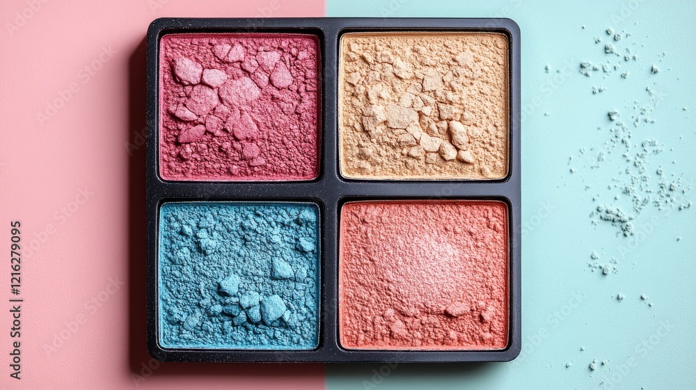Fototapeta premium Vibrant Colorful Makeup Powder Palette Arranged in Square Tray
