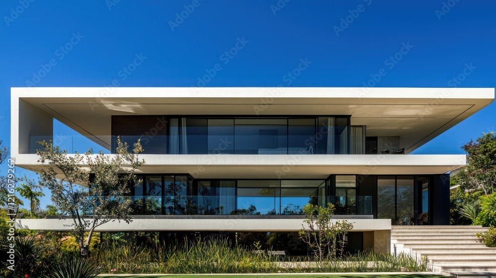 Side view modern house with clear blue sky, elegant architecture