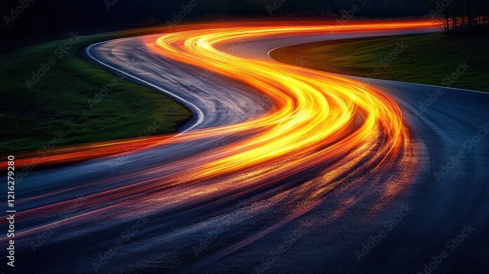Night racing track with fiery light trails. Illustrates speed, motion, and competition. Night racing track with fiery light trails. Illustrates speed, motion, and competition.