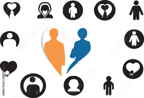 A set of icons representing teamwork, communication, and love with people, symbols, and designs illustrating a couple and a group in business and team concepts