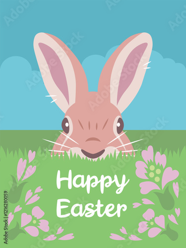 Happy Ester card with easter rabbit (easter bunny) and flowers. Abstract, simple, cartoon, flat vector illustration, card.