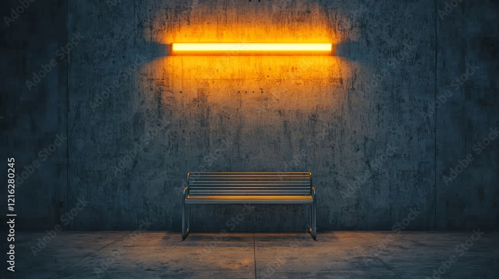 Solitude Illuminated: A Lone Bench Under Warm Neon Light in an Urban Ambient Space Solitude Illuminated: A Lone Bench Under Warm Neon Light in an Urban Ambient Space