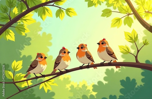 flock of small baby sparrows sits on a branch in a spring sunny garden