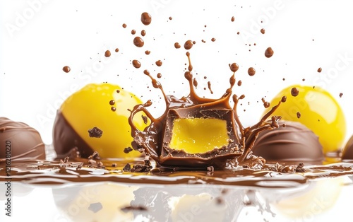 yellow Chocolate candy splash isolated on white background