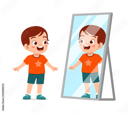 little kid see to mirror for dressing process