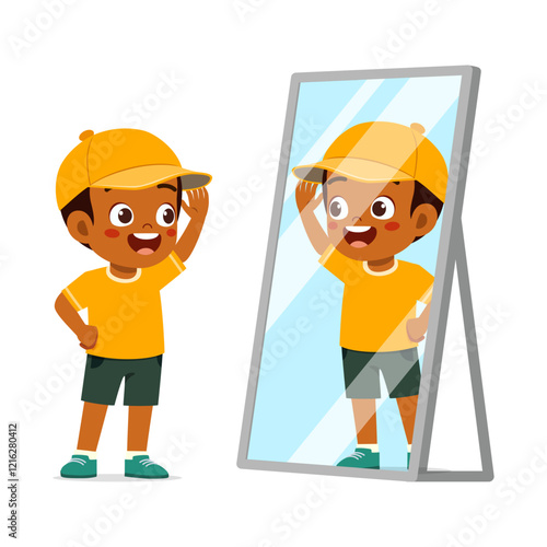 little kid see to mirror for dressing process