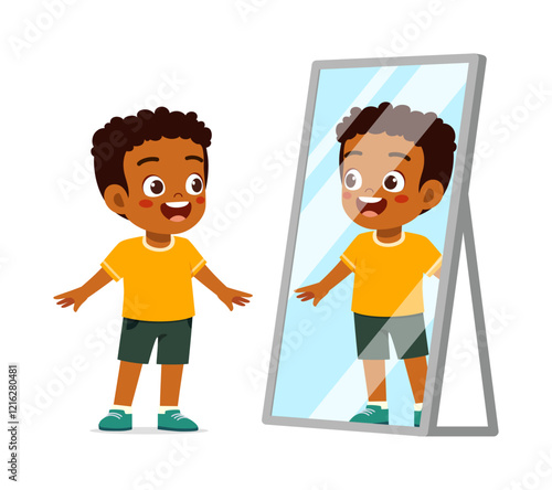 little kid see to mirror for dressing process