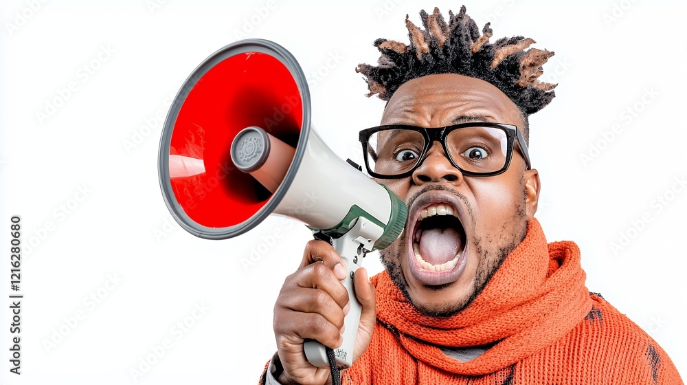 Excited man with megaphone expressing strong emotions and ideas Excited man with megaphone expressing strong emotions and ideas