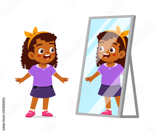 little kid see to mirror for dressing process