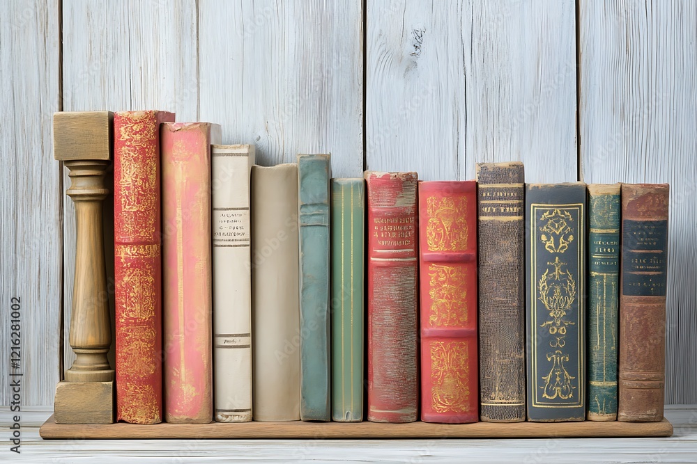 Naklejka premium Vintage Bookshelf Display with Antique Books