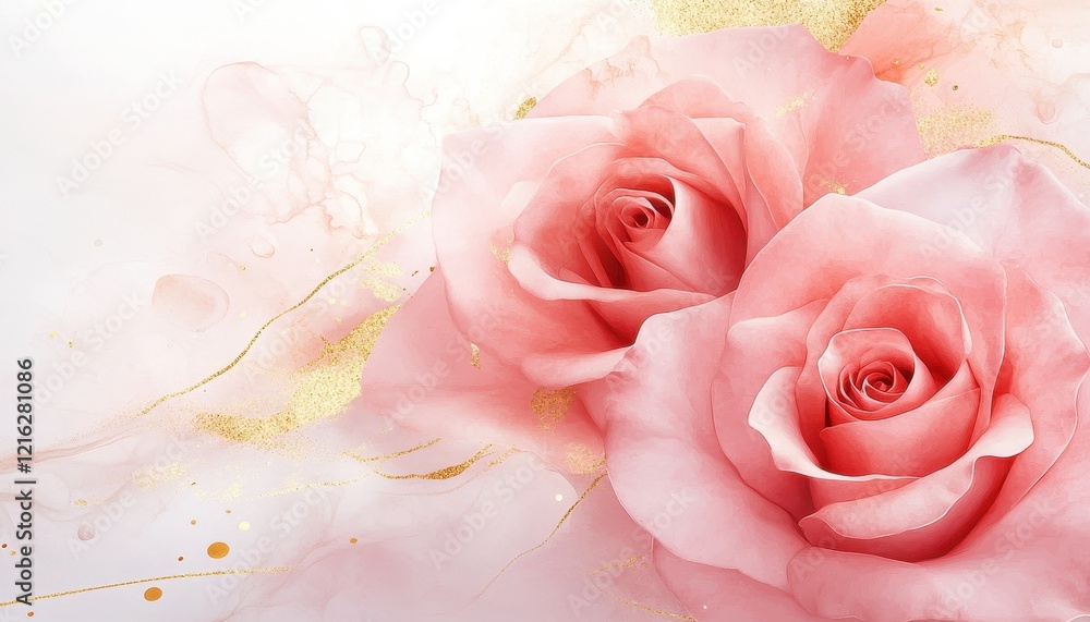 Delicate Pink Roses with Gold Accents Watercolor Painting