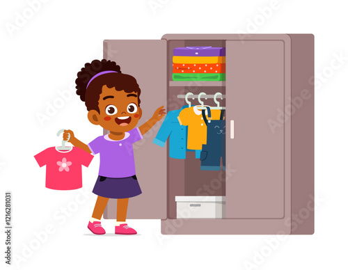 little kid take clothes from big wardrobe