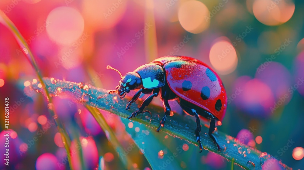 Fototapeta premium Vibrant Ladybug on Dew-Kissed Grass Blade