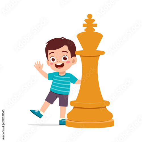 kid standing with giant king chess piece and smile