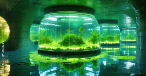 Futuristic clean energy plant using glowing biodomes filled with algae to generate power naturally. Advanced eco-technology harnessing nature potential for renewable energy photo