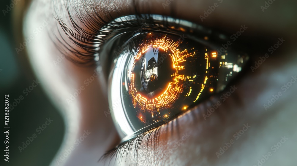 Fototapeta premium A close-up of a digital eye with reflections of data streams