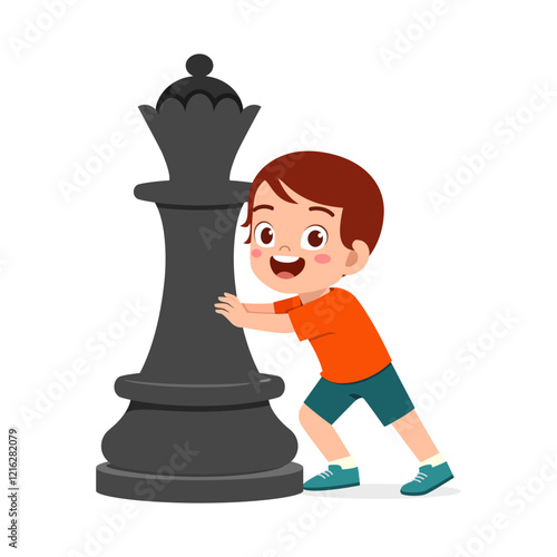 kid standing with giant queen chess piece and smile