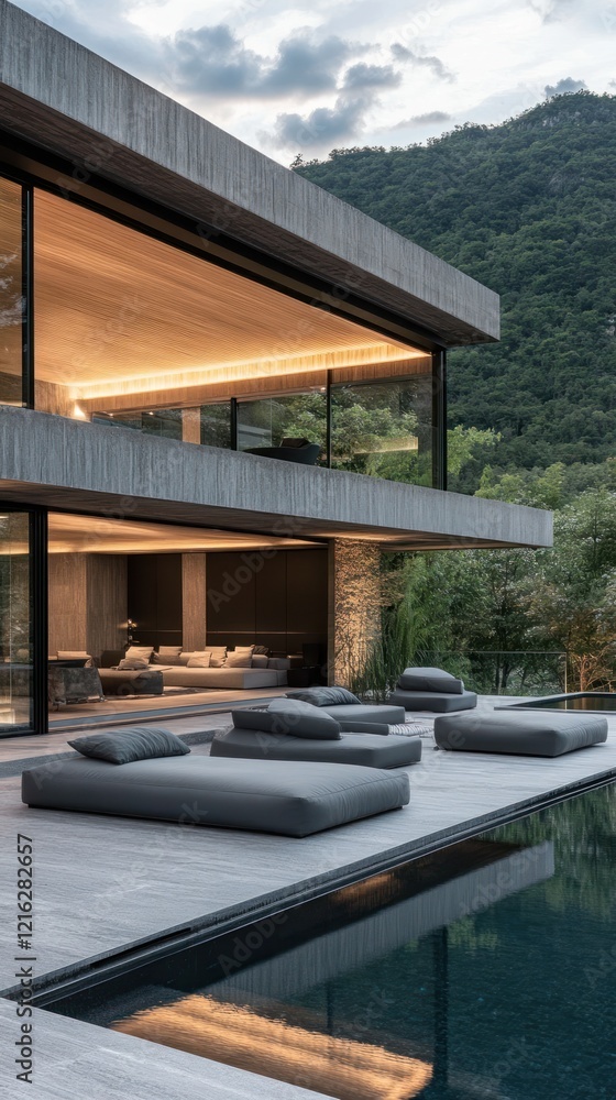 Fototapeta premium Modern Concrete House With Infinity Pool And Mountain View