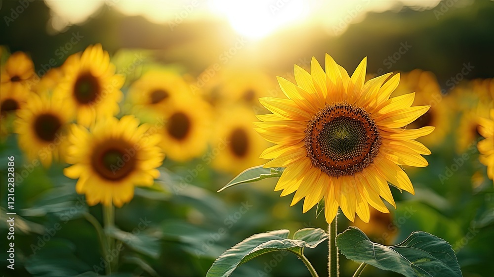 Fototapeta premium Golden Hour Sunflowers: A Vibrant Summer Field