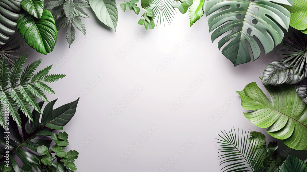 Fototapeta premium Lush Tropical Leaves Frame: Vibrant Green Foliage Background