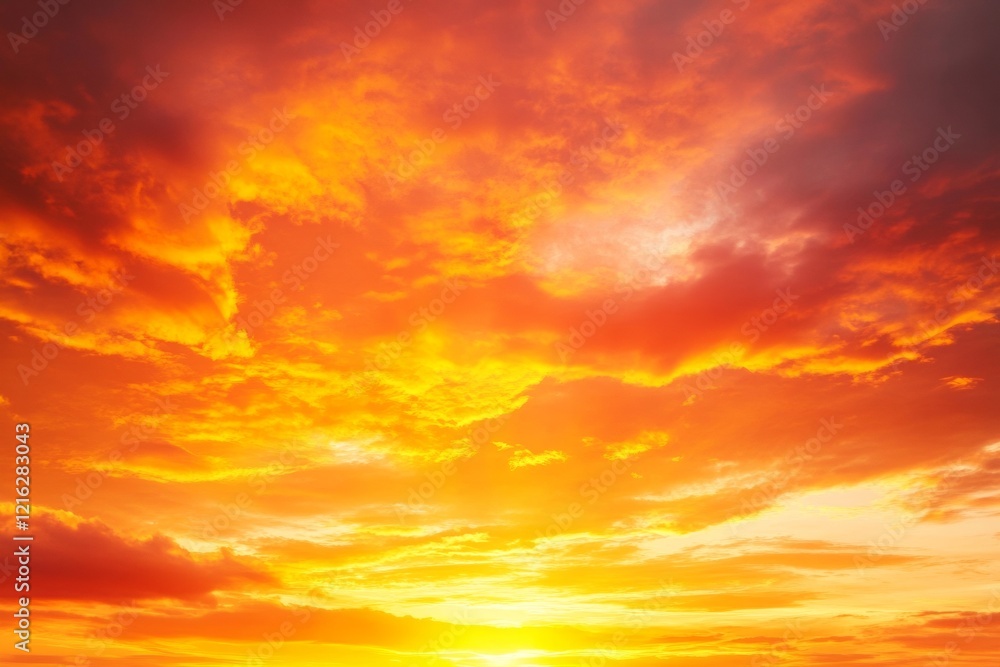 A fiery sunset illuminates the sky with rich orange hues, creating a striking gradient above the horizon. The intense colors highlight the beauty of dusk. With copy space for text A fiery sunset illuminates the sky with rich orange hues, creating a striking gradient above the horizon. The intense colors highlight the beauty of dusk. With copy space for text