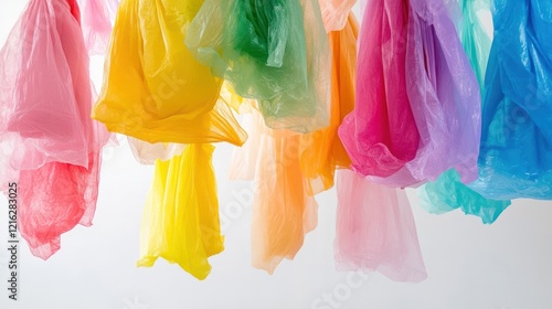 Wallpaper Mural Colorful plastic bags hanging in an art installation, creating abstract visuals, on solid white background, single object. Torontodigital.ca