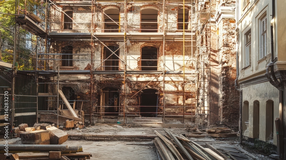 Construction site focused on restoring a historical building with intricate details. Construction site focused on restoring a historical building with intricate details.