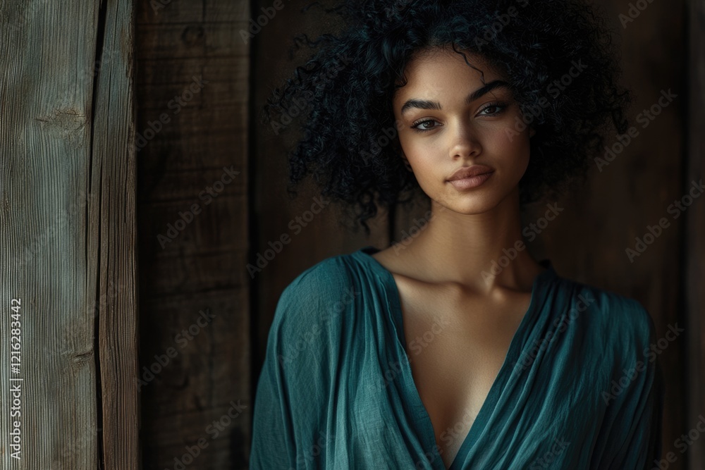 Fototapeta premium A young woman with curly hair, wearing a teal dress, poses against a rustic wooden background.