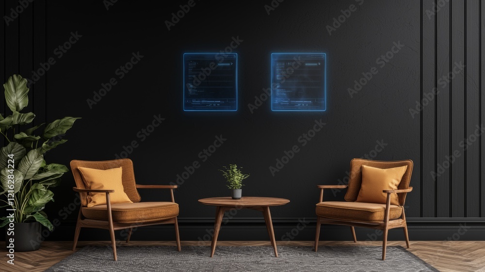 Fototapeta premium Modern Lounge with Futuristic Digital Interfaces on Black Wall
