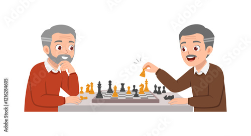 two old men play chess and feel happy