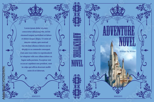 006-33-Blue book cover design for an adventure novel, showing a fantasy castle, a crown, and floral ornaments