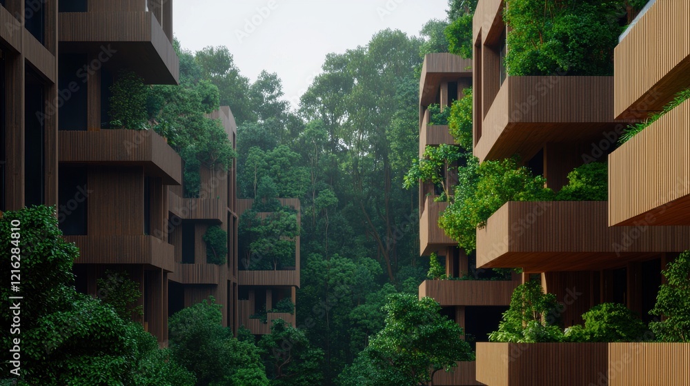 Fototapeta premium Serene Wooden Apartments Nestled in Lush Greenery Offering Tranquil Living