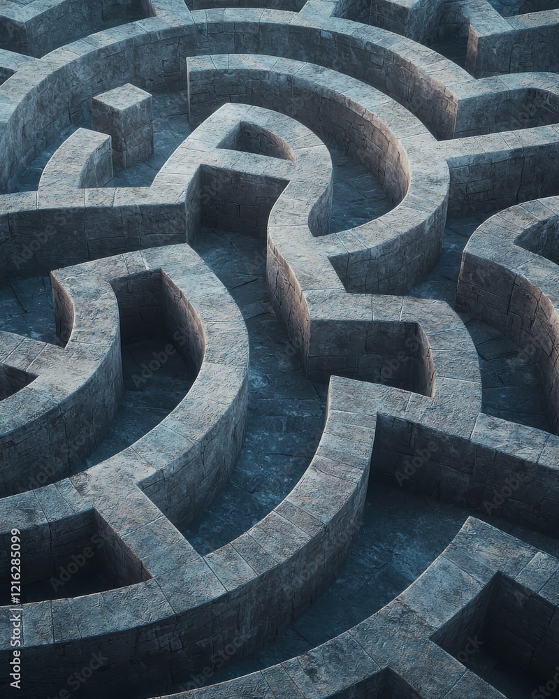 A close-up view of a complex, grey stone labyrinth design, featuring winding paths and intricate patterns against a shadowy background. A close-up view of a complex, grey stone labyrinth design, featuring winding paths and intricate patterns against a shadowy background.