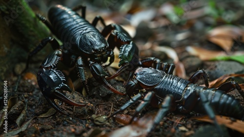 Rainforest scorpions fighting, forest floor, wildlife close-up photo