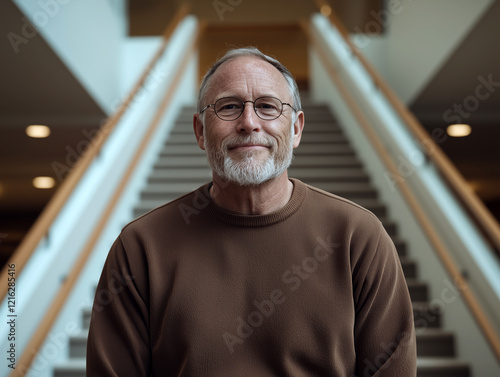 Confident senior man in glasses and brown sweater standing on an indoor staircase photo