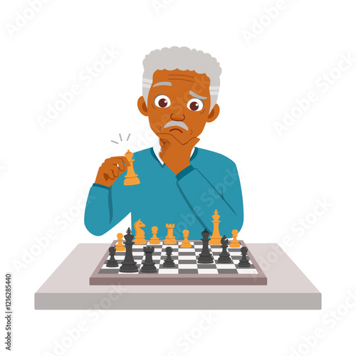 old man playing chess and feel happy